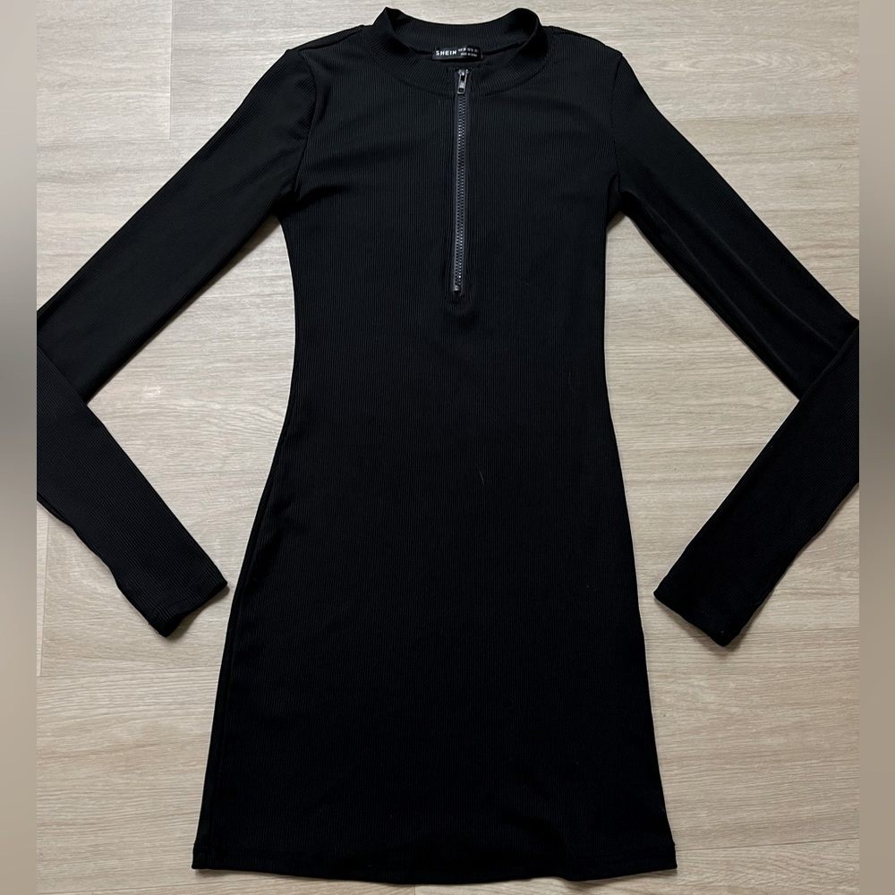 Black 1/4 Zip Long Sleeve Bodycon Dress